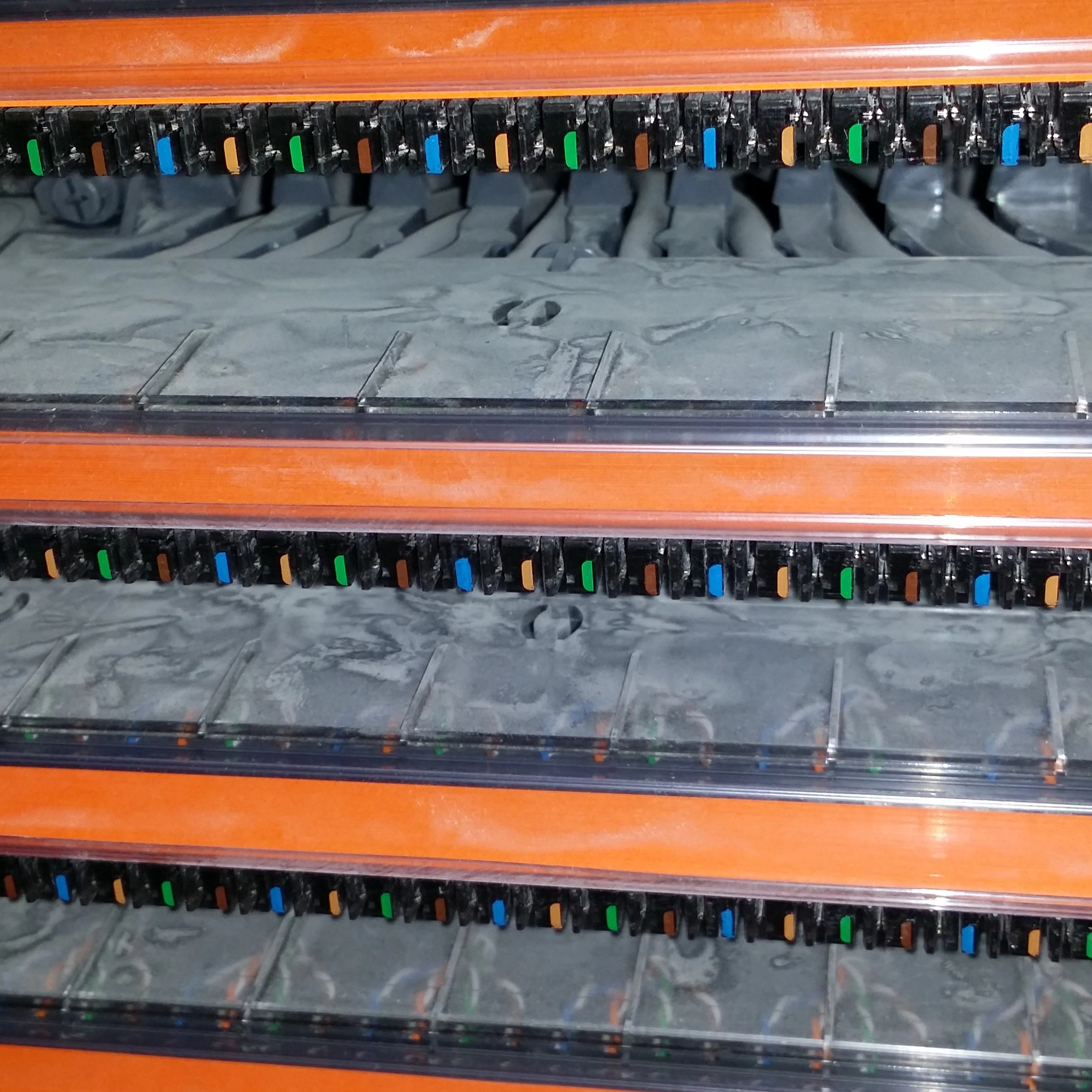 Dusty patch panel before professional server rack cleaning